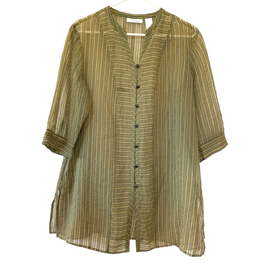 JH Collectibles Sheer Tunic Toggle Button Green Metallic Gold Stripes 1X Formal